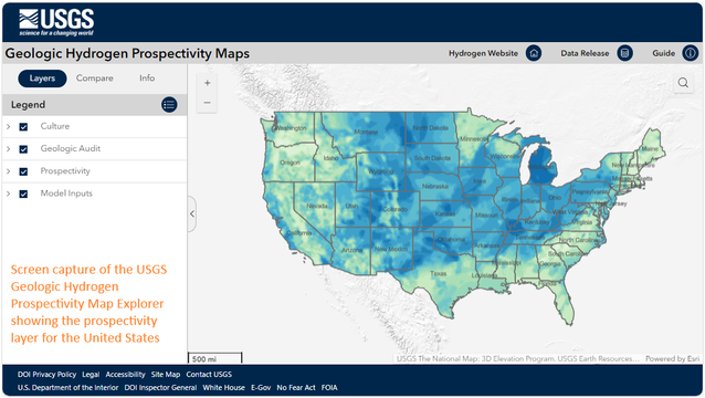 Screen capture of the Geologic Hydrogen Prospectivity Map Explorer showing the prospectivity layer for the United States.