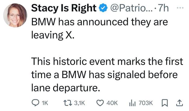 Bmw has announced leaving X. Historic first time bmw has signaled before lane departure