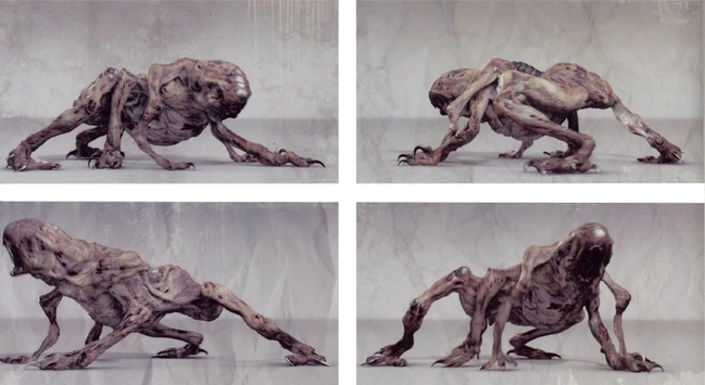 Image with four quadrants. In each of the four quadrants of the image is the Ursa creature from the movie "After Earth" from different angles.