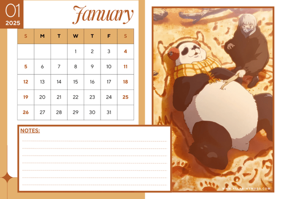 01 January Simple Anime Calendar 2025 hosted on south african anime blog All About Anime and Manga allanimemag featuring Jujutsu Kaisen