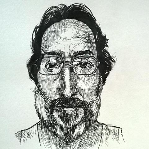 Autorretrato a bico de pena, pincel e nanquim com leve esboço à lápis.