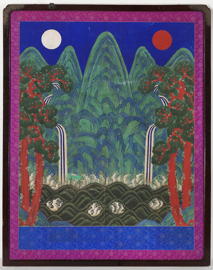 A court painting of Korea's Joseon Dynasty. It is dominated by five mountain peaks, the tallest in the center. Flanking the middle peak are the sun and moon. Two symmetrical waterfalls go down the mountains, and symmetrical trees stand at either edge.