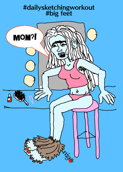 A digital drawing of a teenage girl with blue skin and white hair. Thick brown hair grows from her armpits and her feet. Her toenails are painted bright orange. She wears a pink tank and panties and an alarmed expression.