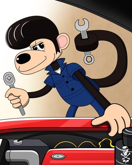 My original character Motor Kong, A greaser monkey working as a car mechanic. He is fixing an automobile.