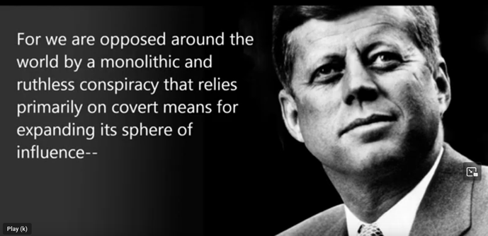 U.S. President John F. Kennedy. Taken from a video about his monolithic conspiracy speech.