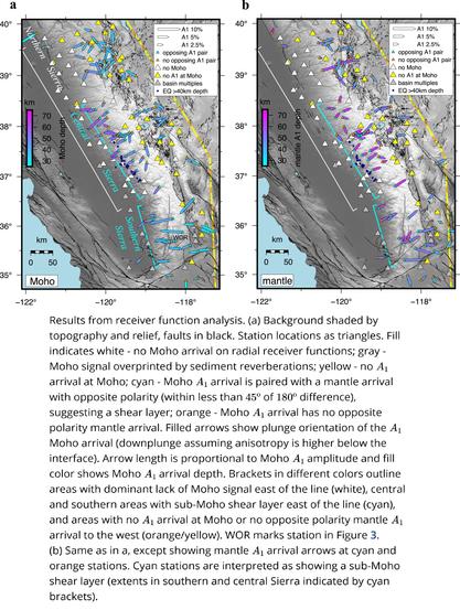 maps - results from receiver function analysis, Sierra Nevada, California