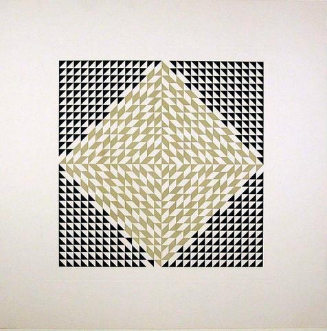 Second Movement V (1978), By Anni Albers
https://collections.discovernewfields.org/art/artwork/70218

A large piece of paper, with an aquatint etching in the middle. It is a square, geometric construction composed of triangles and parallelograms in a grid. The basic structure of the square grid involves dividing each square into two right triangles, with one being filled with black. The angle of the division is different for each quadrant, such that they are parallel to the dividing lines of the central diamond. The central diamond shape has a different fill color, a pale olive. The central diamond also has a chance that each triangle will be rotated 90 degrees, which can form a parallelogram with the adjacent square. But nowhere are more than two triangles combined. The ring around the central diamond has a chance of being rotated, but is still black, so it leaves a seemingly randomly scattered boundary, but there are never too large of gaps, due to the underlying rule.