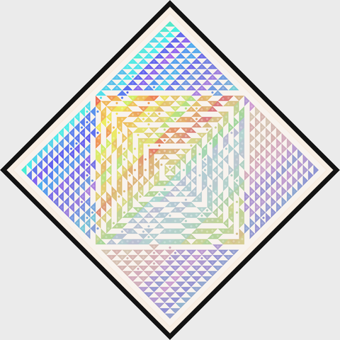 Diamond-Triangle-Circle-Square-Quilt-1898288-5760F45
This was the placeholder title until I could come up with something better. I experimented with rotating it 45 degrees like some Mondrian works. The simple mat and frame is generated in the p5.js sketch. I like the feeling this one gives. Tranquil, ordered, yet organic feeling. You can see that the page and mat are not quite pure white.