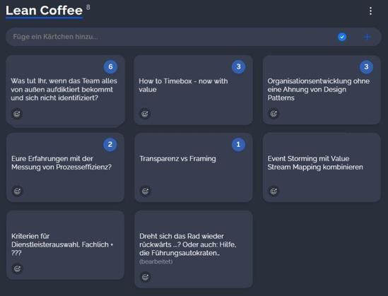 Lean Coffee Themen:
- Was tut Ihr, wenn das Team alles von außen aufdiktiert bekommt und sich nicht identifiziert? + Wie ernst nehmt ihr den 'push', den Eure Teams erfahren und was macht ihr?
- How to Timebox - now with value
- Organisationsentwicklung ohne eine Ahnung von Design Patterns
- Eure Erfahrungen mit der Messung von Prozesseffizienz?
- Transparenz vs Framing
- Event Storming mit Value Stream Mapping kombinieren
- Kriterien für Dienstleisterauswahl. Fachlich + ???
- Dreht sich das Rad wieder rückwärts ...? Oder auch: Hilfe, die Führungsautokraten kommen zurück.