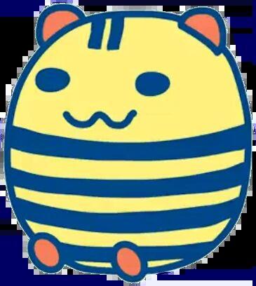 An official image of ShimaShimatchi from Tamagotchi. He is vaugly bumble bee shaped with a cat mouth and little nubbins for legs.