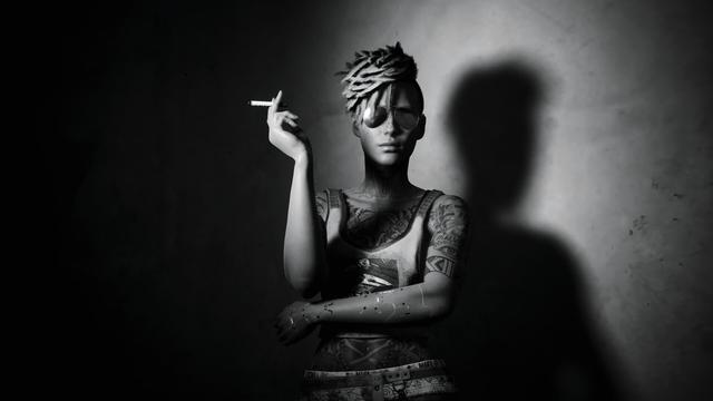 The image shows a stylized, cyberpunk-inspired figure in black and white. The person has a striking appearance: an elaborate hairstyle with curly, upturned dreadlocks and wears sunglasses that conceal their eyes. She casually holds a cigarette in her right hand while standing with her arms crossed in a relaxed posture.

The lighting creates a dramatic contrast, projecting her silhouette and shadows onto the wall behind her. The background is plain and raw, keeping the figure in focus and creating a dark, mysterious atmosphere.
