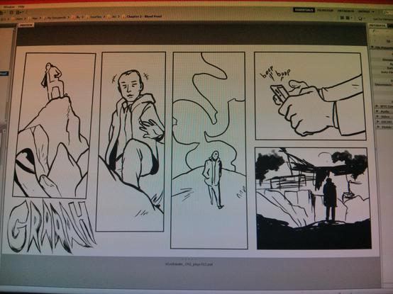 Another landscape comic page with 5 panels. 
1: character on a cliff, overlooking the SFX of the restrained monster. 
2: Closer shot of the man, visibly shaken by the ordeal. 
3: reverse shot, bird's eye. Smoke billows out from down the valley below. The older gentleman saunters away from the edge. 
4: close up of the man's hands dialing on his cellphone.
5: He's silhouetted against crater created when he buried the monster alive. 

Trust me there's other pages where more context is present.