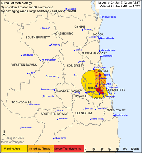 Map of the affected warning area and the cell.

The warning area is roughly circular, centred just north of Brisbane CBD and stretching from Beenleigh to Caboolture.

The storm cell is shown as being elliptical on a 45° angle, upper-left edge just south of Brisbane CBD, lower-right edge just east of Logan Central.  There's an arrow indicating it is headed directly north, with an orange "immediate threat" area path covering a parallel track from here to Caboolture.