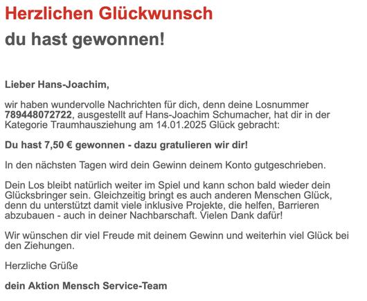 Screenshot einer Spam oder Phishing E-Mail die über einen angeblichen Gewinn Informiert.