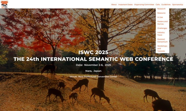 Webpage of the ISWC 2025 Conference. The Background picture is showing a autumn landscape with a few trees with colorful leafs. Under the trees, a bunch of deers are grazing. Seems to be a picture from the conference location, which is Nara in Japan, famous for its deers that are not shy of tourists...