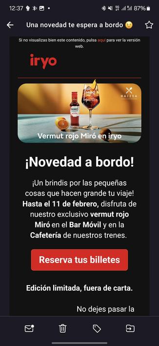 ¡Novedad a bordo!

¡Un brindis por las pequeñas cosas que hacen grande tu viaje! Hasta el 11 de febrero, disfruta de nuestro exclusivo vermut rojo Miró en el Bar Móvil y en la Cafetería de nuestros trenes. 