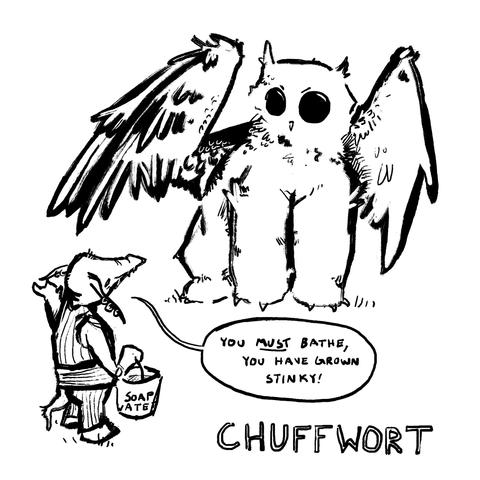 A goblin, "Chuffwort," is holding a bucket labeled soap water and saying, "You MUST bathe, you have grown stinky!" to an owlbear that looks apprehensive