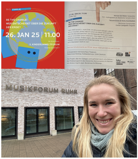Lara Wallberg vor dem Musikforum Ruhr. Grafiken weisen auf ein Konzert am 26. Januar 25 um 11 Uhr hin.