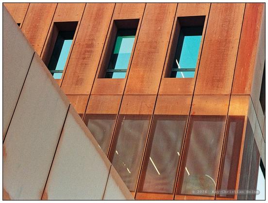 Enger Tele-Ausschnitt aus der Fassade des GEOMAR-Neubaus mit hohen, schmalen Fenstern und modern anmutender Architektur. Hohe, rechteckige, die Fassade verkleidende Platten muten wie rostiges Metall an. Weiches Streiflicht der leicht wolkenverhangenen Sonne gibt der Fassade Textur und Struktur in warmen, rostroten Farben, die im Kontrast zum in den Fenstern gespiegelten Himmelsblau stehen.