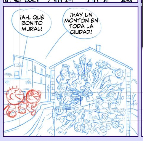 A sketched panel of a comic. It shows my wife Elenita and myself to the left of the scene, looking at a mural of French cartoonist Uderzo and his most famous creations, painted on a big wall of a house.