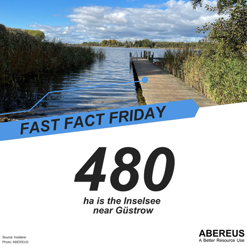 In the upper half of the picture, there is a photo of the shore of lake Inselsee with a wooden footbridge, some reeds and blue skies. Below is the text "Fast Fact Friday - 480 ha is the Inselsee near Güstrow" as well as the logo of ABEREUS.