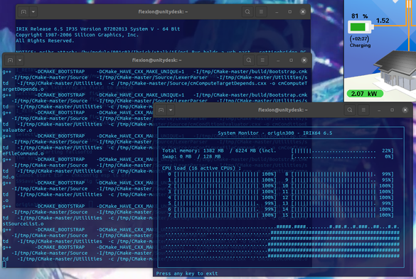 terminal windows show gcc output and 16 CPUs at 100%. 2.07 kw/h