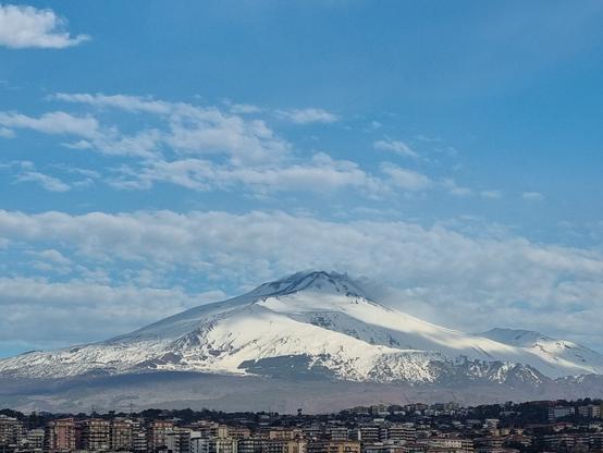 Etna tra luce del sole, qualche leggera nuvola che fa ombra tra il bianco della neve