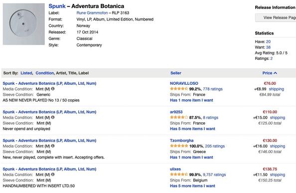 Capture d'écran d'une page de vente d'un disque sur Discogs. 4 copies du disque sont en vente entre 76 et 138,75€.