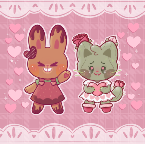 Art of my OC Bean, a coffee bunny, and my husband OC Cactus, a cactus kitty. They are dressed up for Valentines Day. Bean's caramel drizzle has been replaced by chocolate, and she has a chocolate truffle pin on her head. Her dress is themed after a chocolate dripped strawberry. She is excitedly holding her paw up in the air like she's waving at you, with a big smile on her face. Cactus's cactus flowers in her ears and tail have been replaced with roses, and her planter shoes are pink with hearts. She's wearing a cute white dress with pink hearts, and is shyly holding onto a big heart.