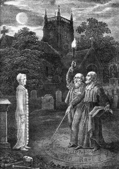 Image is "John Dee and Edward Kelly evoking a spirit" by Ebenezer Sibley. The two sorcerers are summoning a ghost in a graveyard.