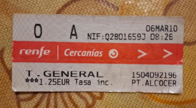 Anverso de Ticket de Renfe Cercanias: 1.25€ Tasa Incluida, Puente Alcocer