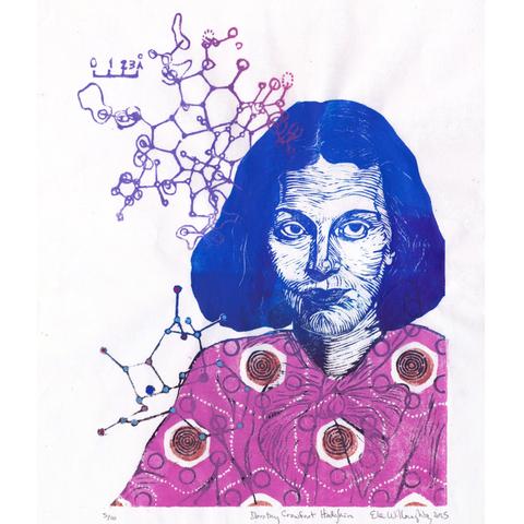 My Lino block portrait progress is mostly carved and shows a young Dorothy Crowfoot Hodgkin in cobalt blue from chest up in a blouse tied with a bow. Her ball-and-stick molecular model for penicillin appears over her shoulder (with atoms in red, pink, pale blue, dark blue and black) and her blouse has a specific repeating pattern of circles and nested broken circles like a labyrinth on bronze circles within a hexagonal while area on a pink background. Overlapping her hair is her model of vitamin B12 complete with electron density contour lines and 3 Angstrom scale bar from one of her papers.