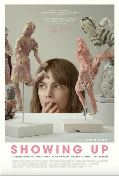 The poster for Showing up shows Michelle Willaiams surrounded by several small ceramic sculptures of women in motion.