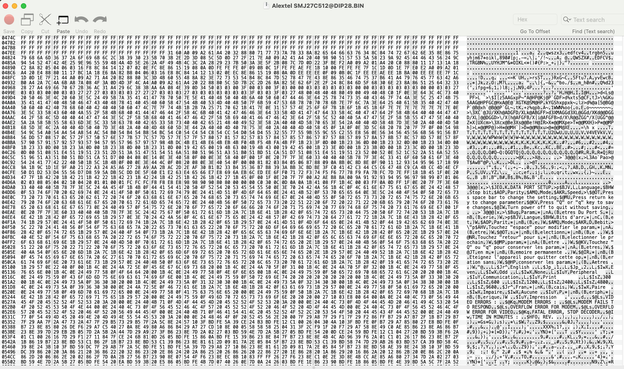 A Hex editor showing the innards of the AlexTel ROM. it's full of french and english text like:

$JEOKDATA PORT SETUP>
DEO ERRORS