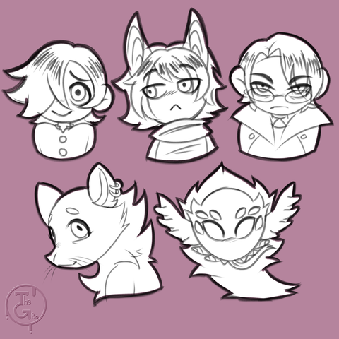 - Drawing Type:
Chibi Style / Sketchy lines / Bust

- [ 5 ] Character/s:
* Human / Male
* Kamonomimi / Male / Bat
*  Human / Male
* Furry / Female / Opossum
* Monster / Male / Spider

- Background:
Flat Color

- Description:
5 chibi bust of different OCs of my friend. In order: A human boy with half of his face cover with hair; A kemonomimi bat looking away; a human male looking at the viewer, he's wearing glasses; An opposum with a side view looking at the viewer; and finally, a spider monster stiking his tongue out