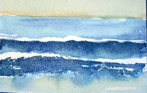 A simple watercolor painting of the ocean, with shades of blue and white waves, painted on light-colored paper. The background is a gradient from pale yellow to dark beige. In the foreground, there's a line of tan beach sand that merges with the leading wave.