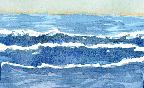 A simple watercolor painting of the ocean, with shades of blue and white waves, painted on light-colored paper. The sky is seen above the horizon as a gradient from pale yellow to dark beige. In the foreground, three breaking waves are seen face on.