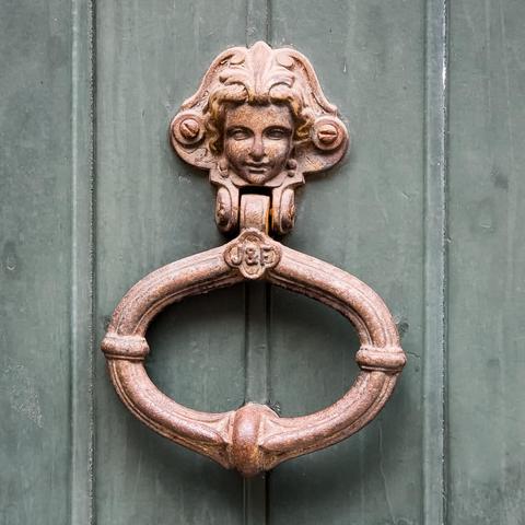 An ornate door knocker.