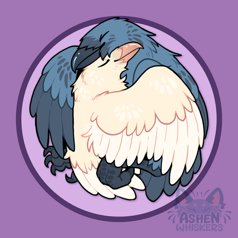 Art of two ravens - one dark bluish and one white pinkish - embracing each other with their wings.