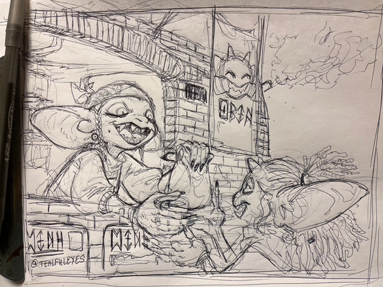 Sketch by Tealful Eyes of an an imp cook handing food off to another imp as they chat with each other.