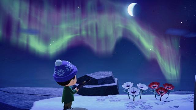 The image depicts a serene night scene from the video game "Animal Crossing." A character with dark hair and wearing a blue knit hat adorned with snowflake patterns and a green coat is standing on a snowy terrain. They appear to be holding an axe. Above them, a crescent moon shines brightly in a deep blue sky, illuminating stunning green and purple auroras. In the foreground, there's a patch of red and white flowers, contrasting with the snow-covered ground. A large, dark rock is also visible, adding to the tranquil, wintry atmosphere.