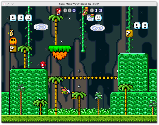 🕶️ A view of its UI (on my Linux PC) with a nice scenery - platforms in the middle of the jungle. I'm Knuckles (in red, at the top of the screen) vs Super Mario Bros. (an AI, at the bottom of the screen).

📚️ Super Mario War is a libre (except for the graphics: fair use), multi-platform, single-player (AI) / multi (up to 4 in hotseat/LAN), Super Smash Bros. combat game featuring characters from Nintendo's Super Mario Bros. series. The goal is to crush your opponents by jumping on their heads or using powerups. It offers a huge amount of content (29 characters, 22 mods with modifiers, 300 animated maps, LAN multiplayer, a level and world editor. A very high quality game. The best.
