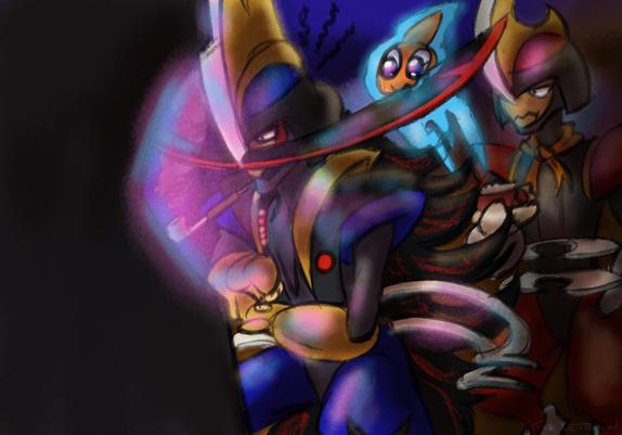 The scene takes place in a dark room. There's an arcade machine in the foreground, though it's blacked out due to the contrasting lights. In front of it sits a shiny Kingambit with a kiseru pipe in his mouth, angrily picking up more coins from his hand. There's a very eager looking Rotom holding onto his moustache, probably chewing on it. Behind them stands a Bisharp eating a hot dog, not particularly amused.