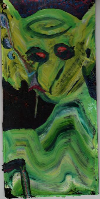 A goblin in harsh, bright yellows and greens sketched in broad strokes in oil paints against a darker colored background. There are  strange detailings in warm and cool accent colors. Red eyes and tongue, blues and purples around the ear. A colorful centipede crawls up towards the armpit at the lower left.