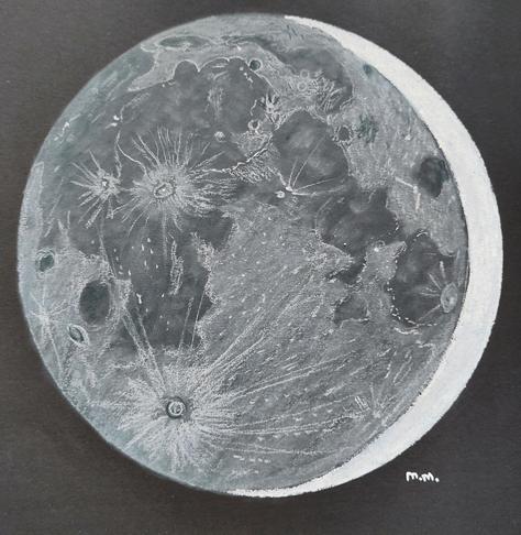 pastel drawing of a 7% illuminated waxing crescent moon with the rest of the lunar surface gently illuminated by earthshine