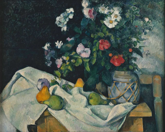 A Post-Impressionist painting. A vase of flowers sits on a tabletop, covered with a rumpled white cloth. Assorted pears sit on the cloth in varying positions. The vase, which is blue and gold has daisies, poppies, and possibly hydrangeas, along with other greenery.