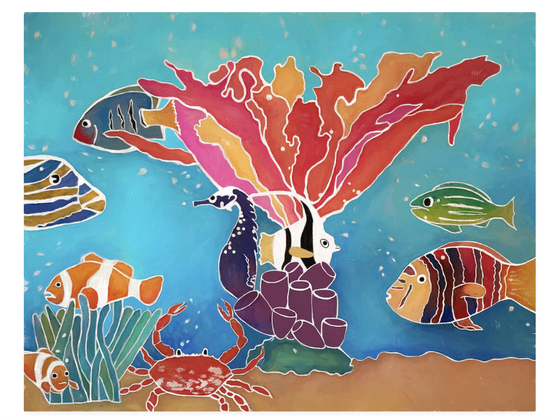 Undersea Fantasy batik is a colorful feast for the eyes. A riot of abundant tropical fish and coral against the backdrop of a blue-green sea filled with rising water bubbles and anchored by a warm brown sandy ocean floor. Among the inhabitants of this beachy image you will find tang fish, clown fish, angel fish, a spicy red crab and a pretty purple seahorse. These sea creatures play along the sandy bottom of the ocean, swimming in and around various types of coral.