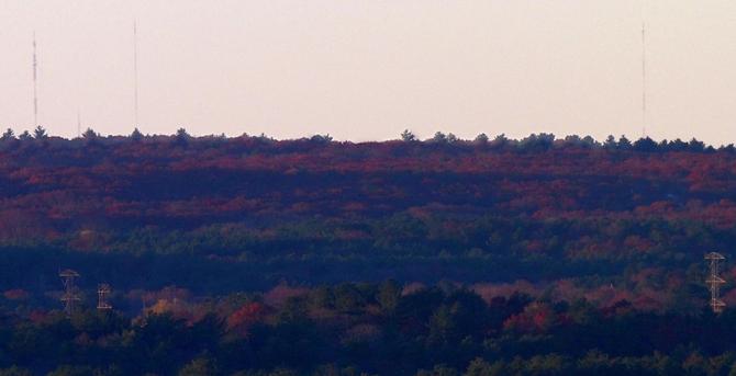 Four television transmitter towers in Rehobeth MA photographed from Buck Hill.