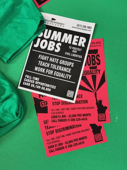 Ironic art project: Advertisement for grassroots campaigns focusing on summer job opportunities. Red flyers, on green background.