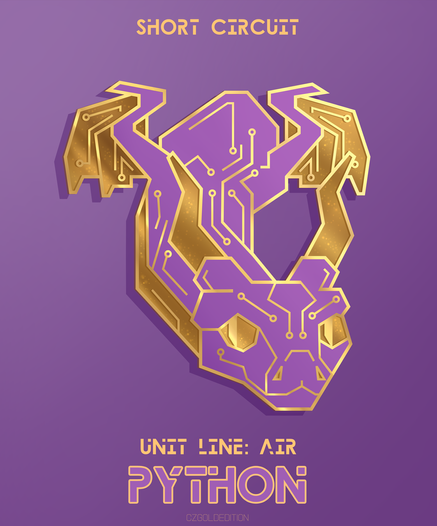 Design for an enamel pin made to look like a purple printed circuit board (PCB) in the shape of a snake dragon. Text on the image says: "Short Circuit", "Unit Line: Air", and "Python".